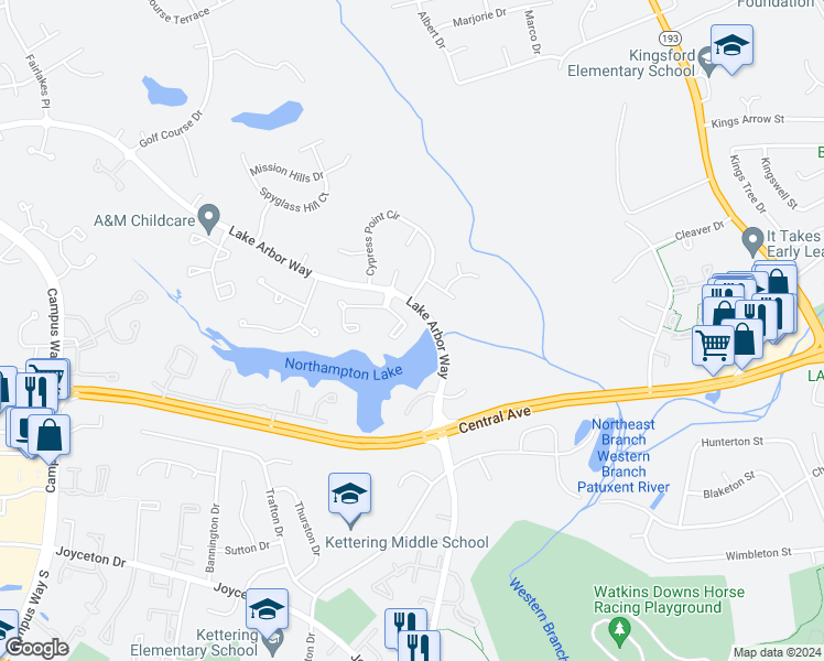 map of restaurants, bars, coffee shops, grocery stores, and more near 825 Lake Shore Drive in Bowie