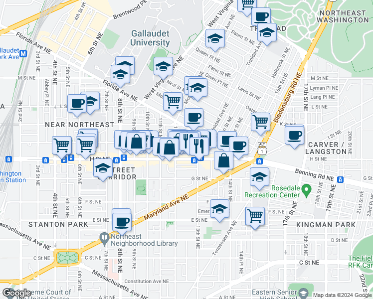 map of restaurants, bars, coffee shops, grocery stores, and more near 1224 Wylie Street Northeast in Washington