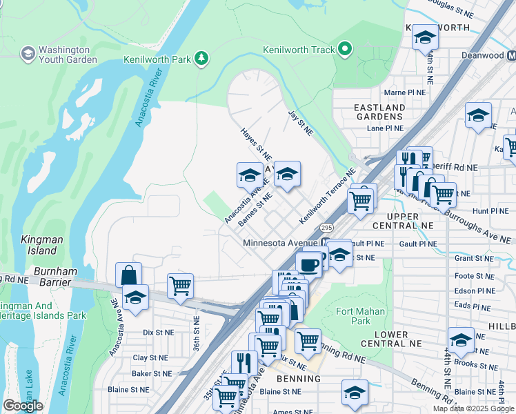 map of restaurants, bars, coffee shops, grocery stores, and more near 652 Barnes Street Northeast in Washington