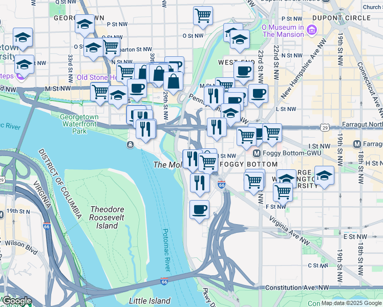 map of restaurants, bars, coffee shops, grocery stores, and more near 101 Independence Avenue Southeast in Washington