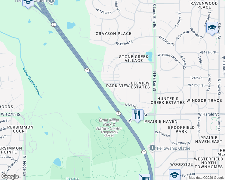 map of restaurants, bars, coffee shops, grocery stores, and more near 12547 South Chelsea Street in Olathe