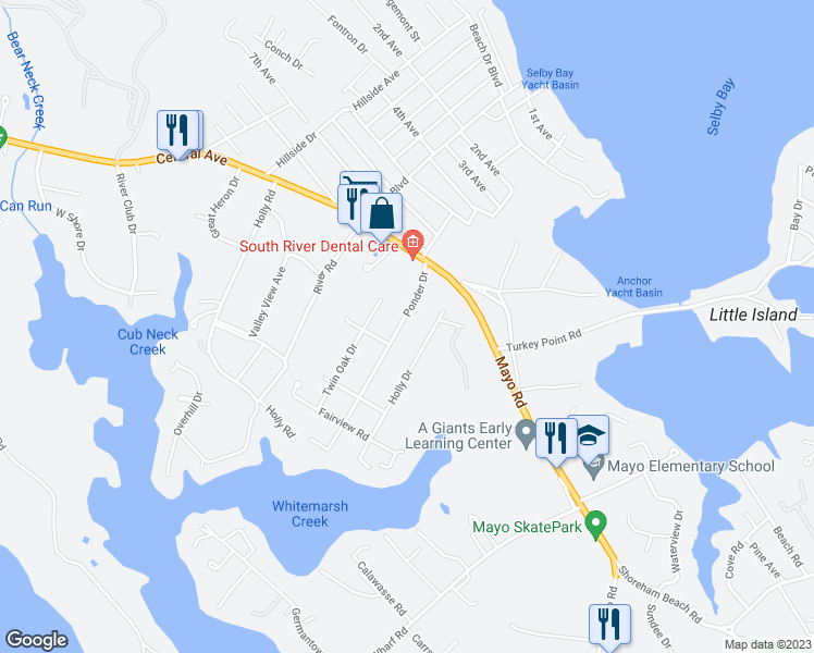 map of restaurants, bars, coffee shops, grocery stores, and more near 3829 Ponder Drive in Edgewater