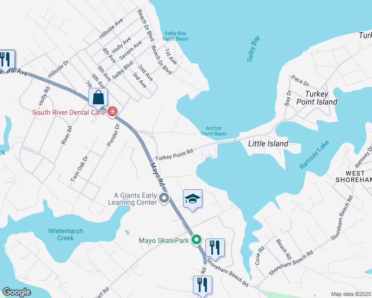 map of restaurants, bars, coffee shops, grocery stores, and more near 1026 Turkey Point Road in Edgewater