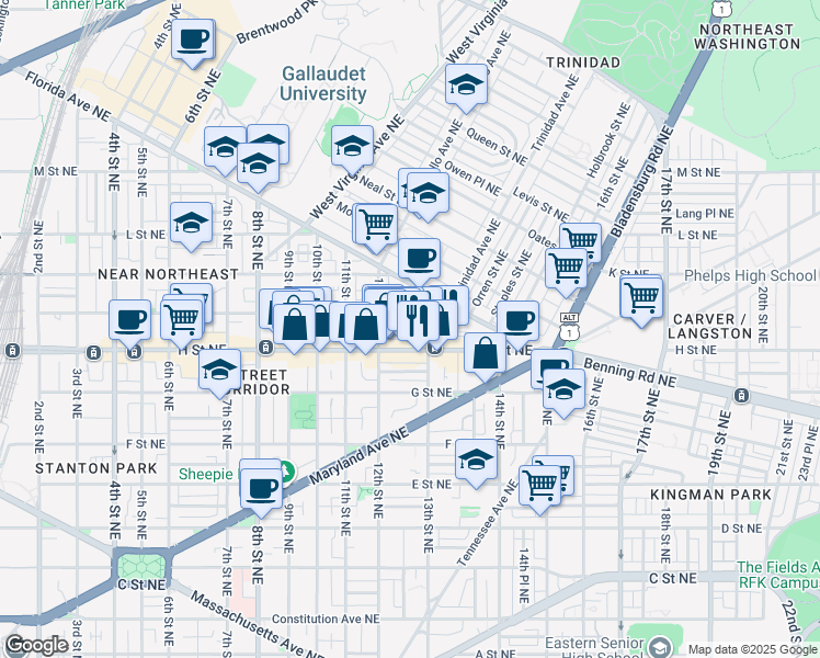 map of restaurants, bars, coffee shops, grocery stores, and more near 1234 Wylie Street Northeast in Washington