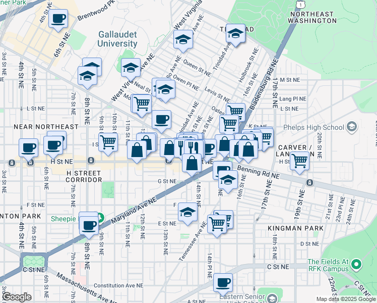 map of restaurants, bars, coffee shops, grocery stores, and more near 101 Independence Avenue Southeast in Washington