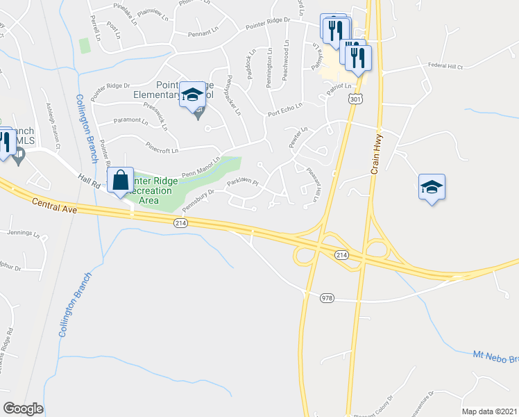 map of restaurants, bars, coffee shops, grocery stores, and more near 16223 Presidio Way in Bowie