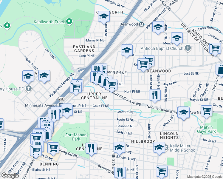 map of restaurants, bars, coffee shops, grocery stores, and more near 4308 Nannie Helen Burroughs Avenue Northeast in Washington