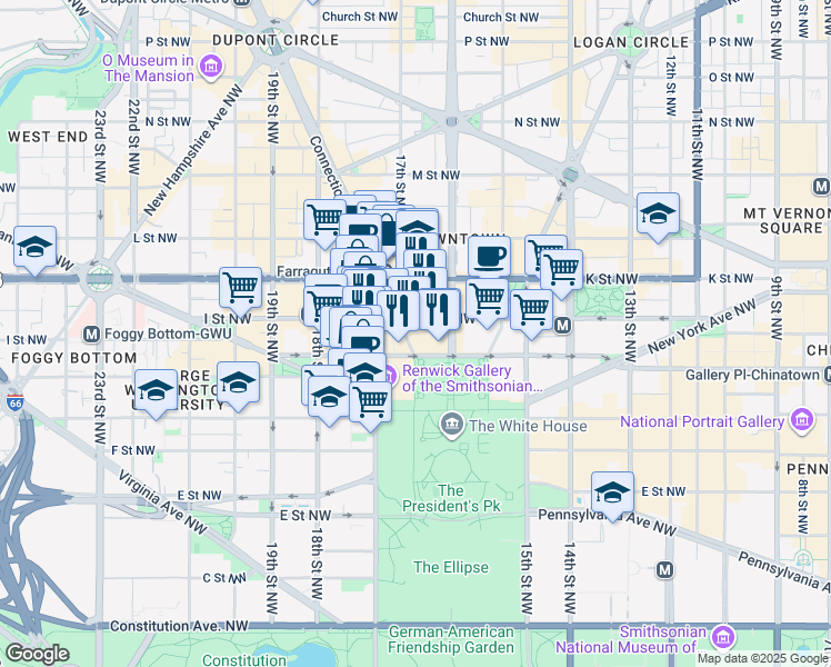 map of restaurants, bars, coffee shops, grocery stores, and more near 815 Connecticut Avenue Northwest in Washington