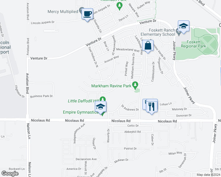 map of restaurants, bars, coffee shops, grocery stores, and more near 2664 Floradale Way in Lincoln