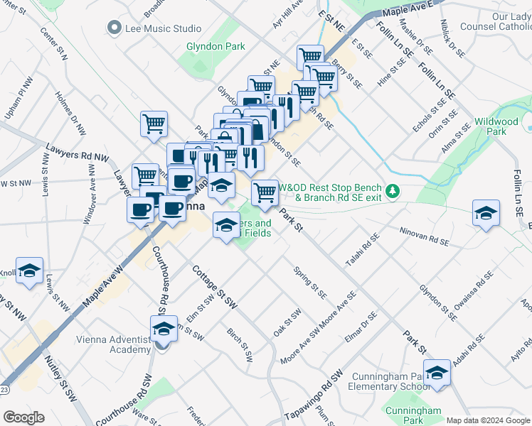 map of restaurants, bars, coffee shops, grocery stores, and more near 120 Cherry Street Southeast in Vienna