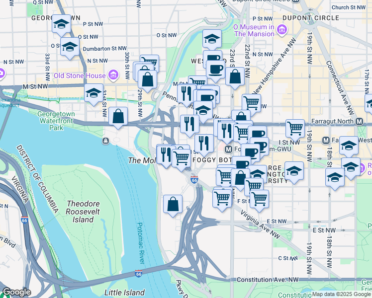 map of restaurants, bars, coffee shops, grocery stores, and more near 2517 I Street Northwest in Washington