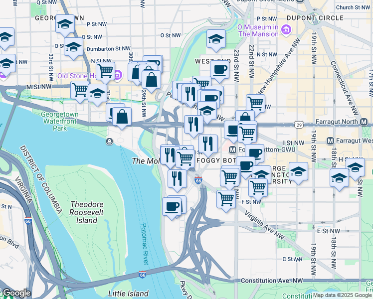 map of restaurants, bars, coffee shops, grocery stores, and more near 2527 I Street Northwest in Washington