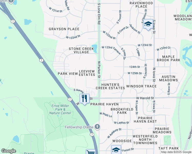 map of restaurants, bars, coffee shops, grocery stores, and more near 1221 North Parker Street in Olathe