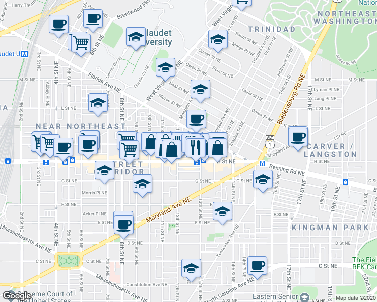 map of restaurants, bars, coffee shops, grocery stores, and more near 1224 Wylie Street Northeast in Washington
