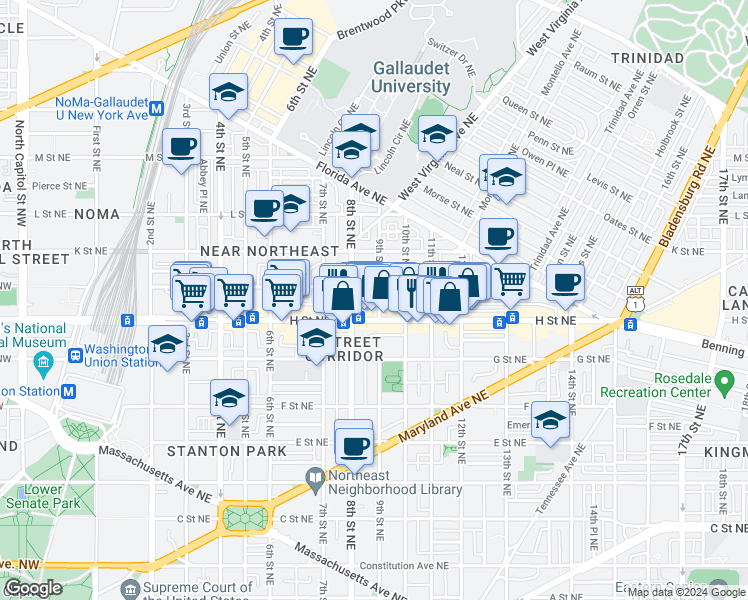 map of restaurants, bars, coffee shops, grocery stores, and more near 101 Independence Avenue Southeast in Washington