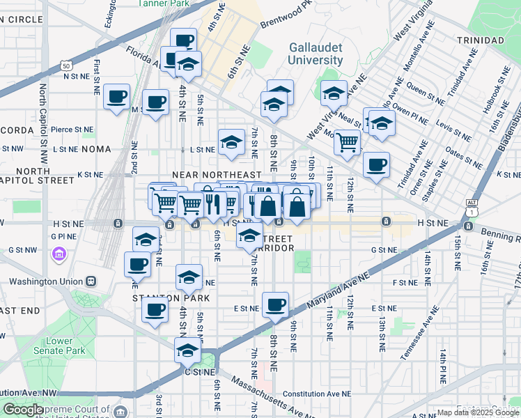 map of restaurants, bars, coffee shops, grocery stores, and more near 101 Independence Avenue Southeast in Washington