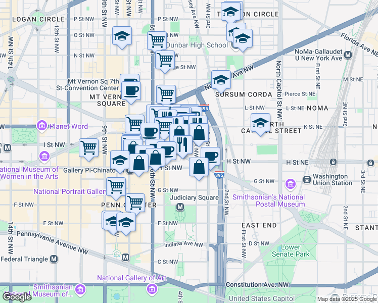 map of restaurants, bars, coffee shops, grocery stores, and more near 101 Independence Avenue Southeast in Washington