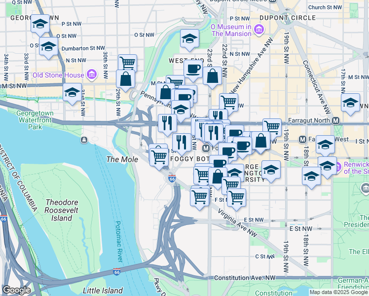 map of restaurants, bars, coffee shops, grocery stores, and more near 101 Independence Avenue Southeast in Washington
