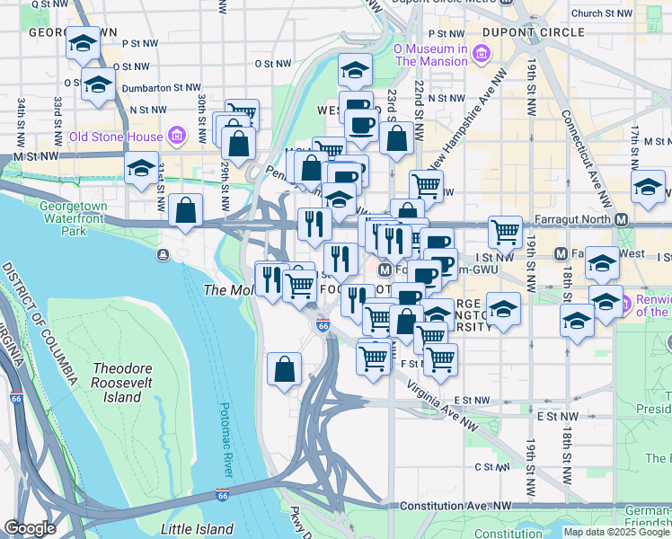 map of restaurants, bars, coffee shops, grocery stores, and more near 101 Independence Avenue Southeast in Washington
