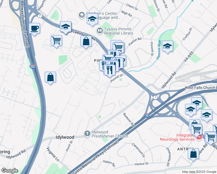 map of restaurants, bars, coffee shops, grocery stores, and more near 2251 Pimmit Drive in Falls Church