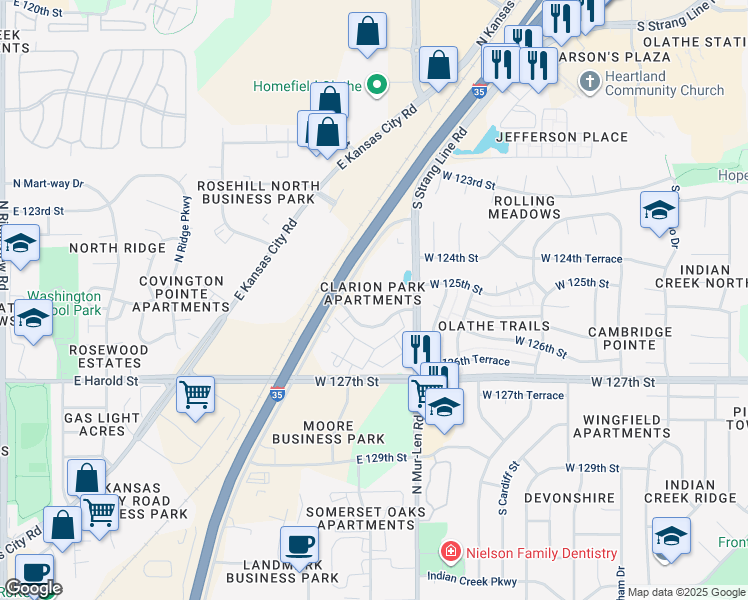 map of restaurants, bars, coffee shops, grocery stores, and more near 16600 West 126th Street in Olathe
