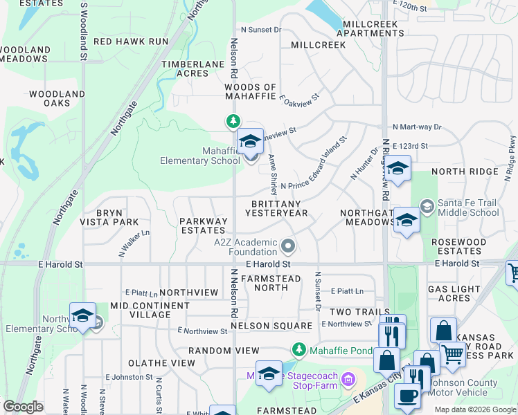 map of restaurants, bars, coffee shops, grocery stores, and more near 1263 North Lucy Montgomery Way in Olathe