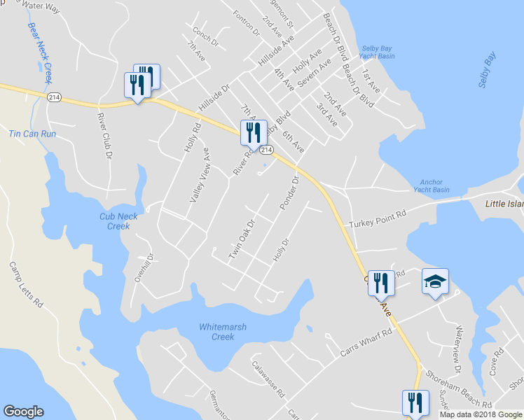map of restaurants, bars, coffee shops, grocery stores, and more near 3829 Twin Oak Drive in Edgewater