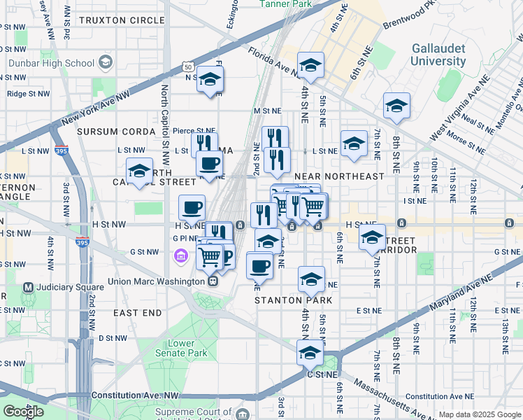 map of restaurants, bars, coffee shops, grocery stores, and more near 201 I Street Northeast in Washington