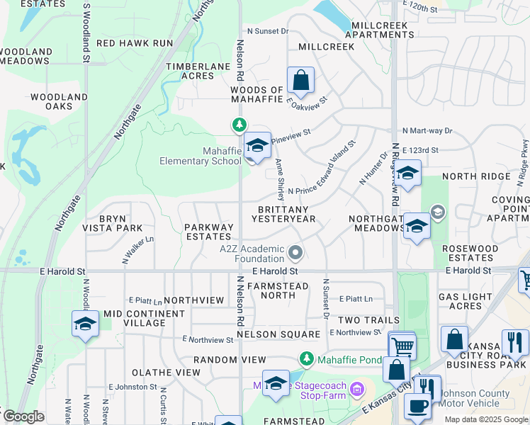 map of restaurants, bars, coffee shops, grocery stores, and more near 1263 North Lucy Montgomery Way in Olathe
