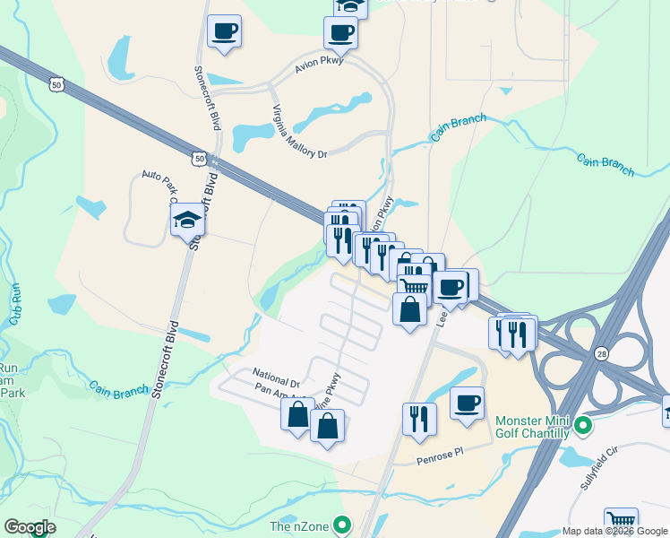 map of restaurants, bars, coffee shops, grocery stores, and more near 14612 Boac Circle in Chantilly