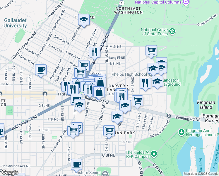 map of restaurants, bars, coffee shops, grocery stores, and more near 1725 I Street Northeast in Washington