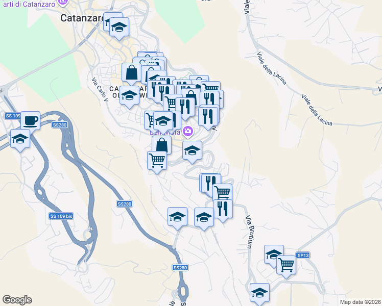 map of restaurants, bars, coffee shops, grocery stores, and more near 33 Viale dei Bizantini in Catanzaro