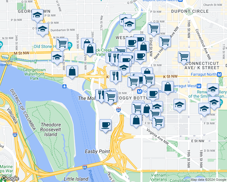 map of restaurants, bars, coffee shops, grocery stores, and more near 2517 I Street Northwest in Washington