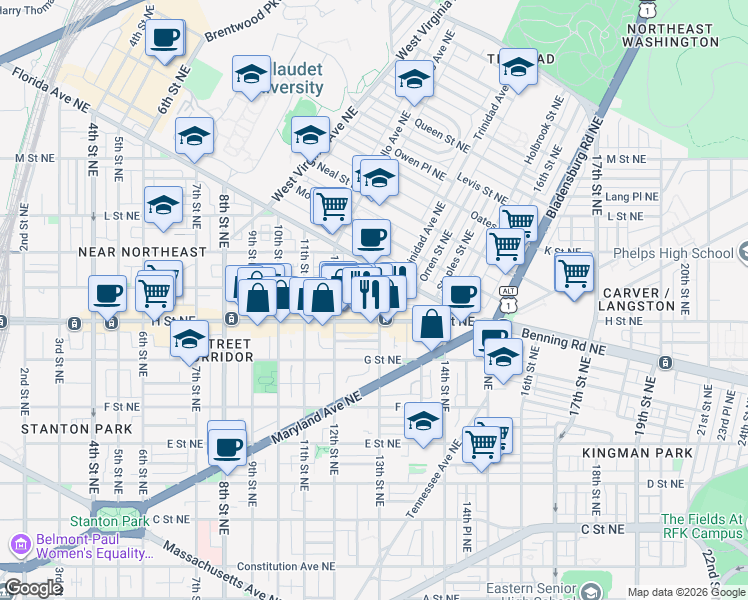 map of restaurants, bars, coffee shops, grocery stores, and more near 101 Independence Avenue Southeast in Washington