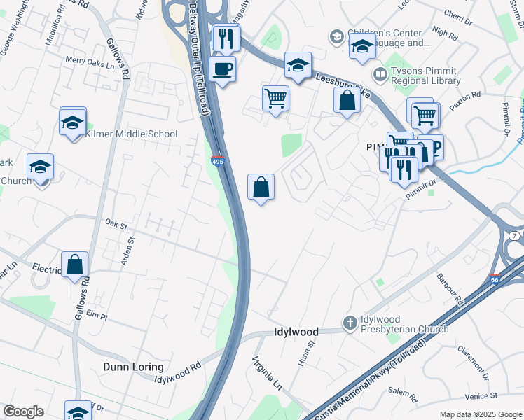 map of restaurants, bars, coffee shops, grocery stores, and more near 2230 George C Marshall Drive in Falls Church