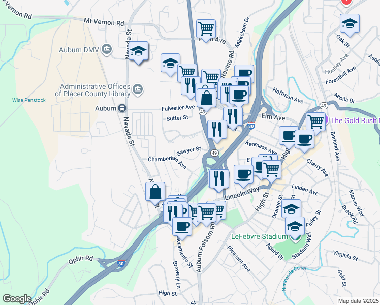 map of restaurants, bars, coffee shops, grocery stores, and more near 251 Sawyer Street in Auburn