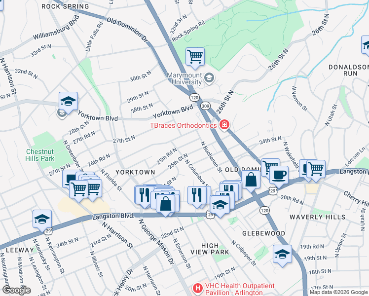 map of restaurants, bars, coffee shops, grocery stores, and more near 4834 25th Rd N in Arlington
