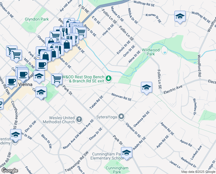 map of restaurants, bars, coffee shops, grocery stores, and more near 406 Talahi Road Southeast in Vienna