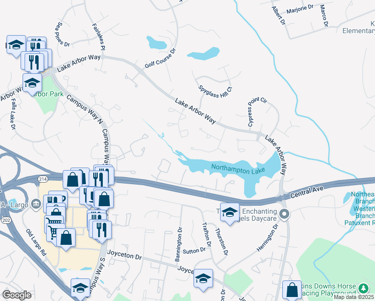 map of restaurants, bars, coffee shops, grocery stores, and more near 901 Lake Front Drive in Bowie