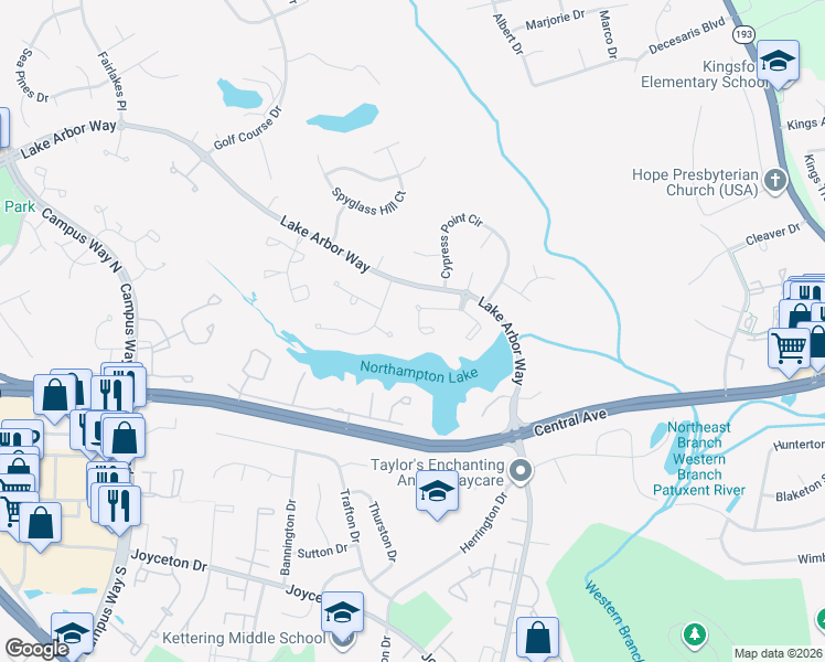 map of restaurants, bars, coffee shops, grocery stores, and more near 1019 Lake Shore Drive in Bowie