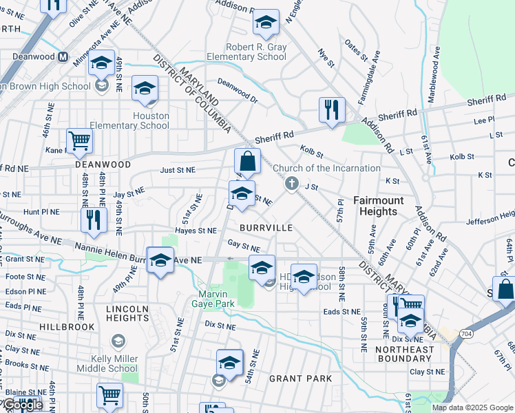 map of restaurants, bars, coffee shops, grocery stores, and more near 5346 James Place Northeast in Washington