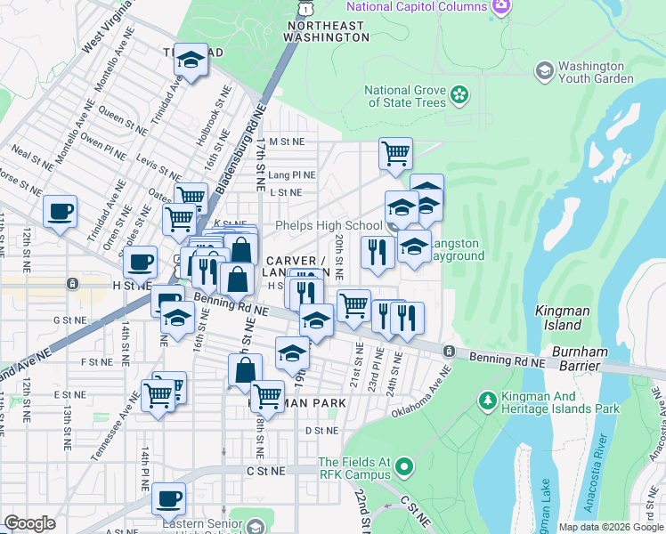 map of restaurants, bars, coffee shops, grocery stores, and more near 101 Independence Avenue Southeast in Washington
