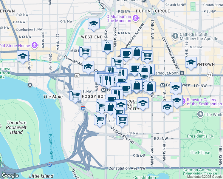 map of restaurants, bars, coffee shops, grocery stores, and more near 101 Independence Avenue Southeast in Washington