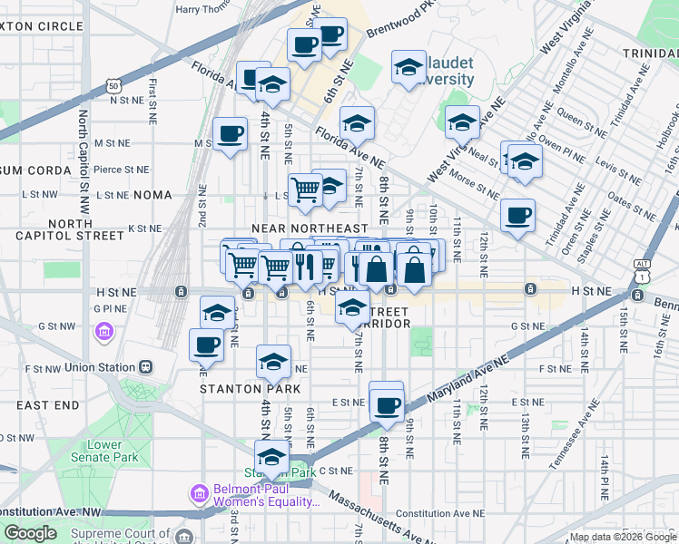 map of restaurants, bars, coffee shops, grocery stores, and more near 600 H Street Northeast in Washington