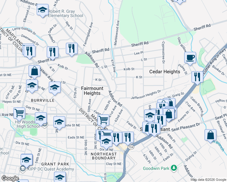 map of restaurants, bars, coffee shops, grocery stores, and more near 902 60th Avenue in Fairmount Heights
