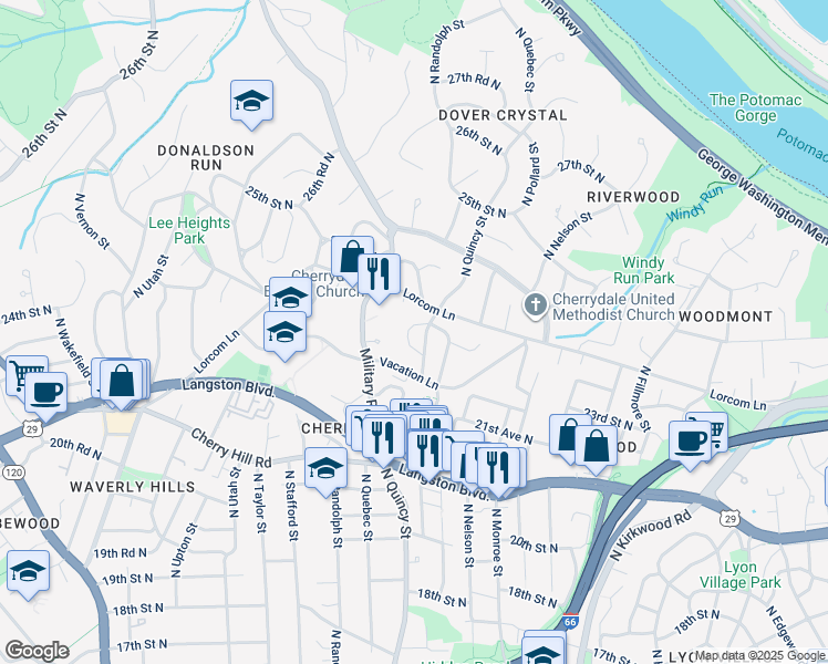 map of restaurants, bars, coffee shops, grocery stores, and more near 4016 23rd Street North in Arlington