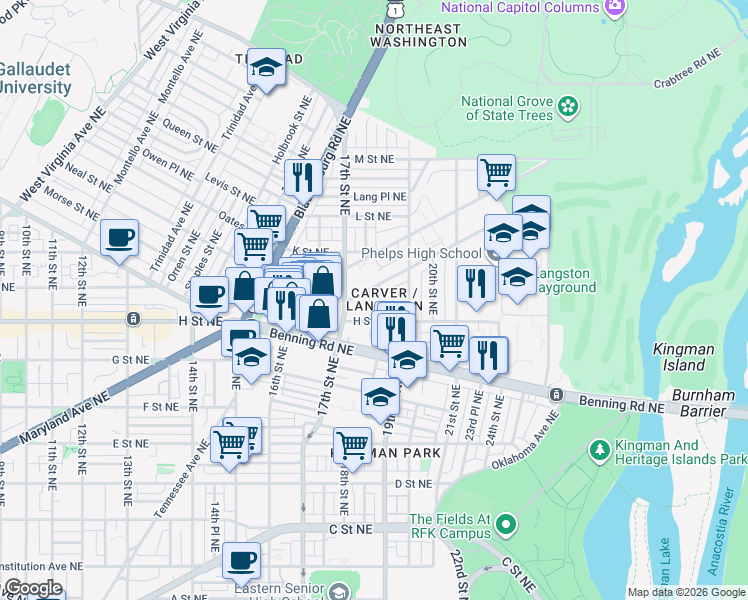 map of restaurants, bars, coffee shops, grocery stores, and more near 101 Independence Avenue Southeast in Washington