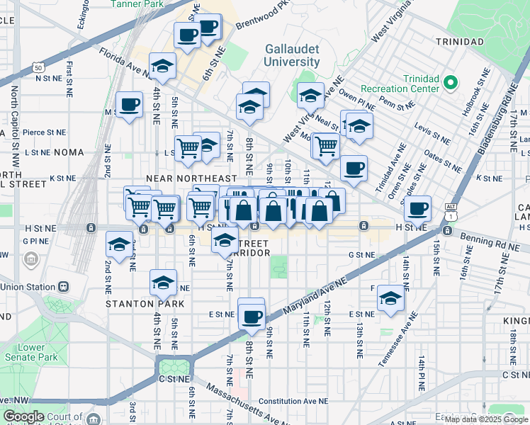 map of restaurants, bars, coffee shops, grocery stores, and more near 101 Independence Avenue Southeast in Washington
