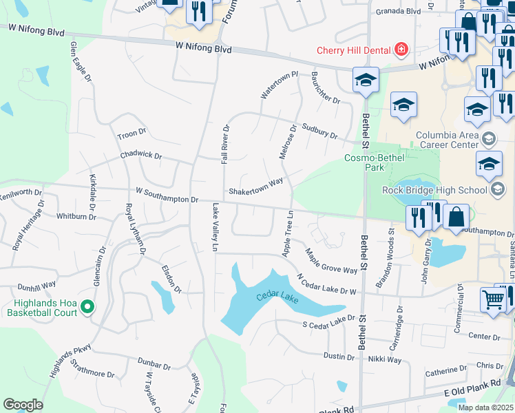 map of restaurants, bars, coffee shops, grocery stores, and more near 4608 Southampton Court in Columbia