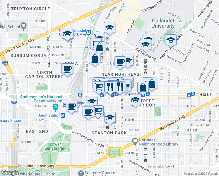 map of restaurants, bars, coffee shops, grocery stores, and more near 827 4th Street Northeast in Washington